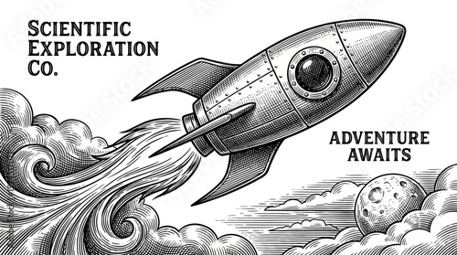 Vintage Space Rocket Launch Engraving with Moon and Clouds. Scientific Exploration & Adventure Awaits Concept.