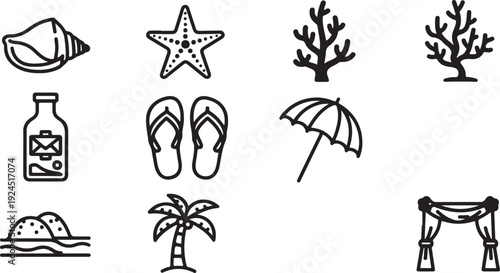 Assorted beach and tropical vacation icons in a single line Vector