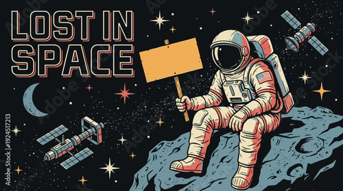 Lost in Space Astronaut with Blank Sign - Retro Sci-Fi Cosmic Adventure Illustration