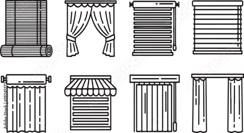 A variety of window coverings including blinds, curtains, and shutters Vector