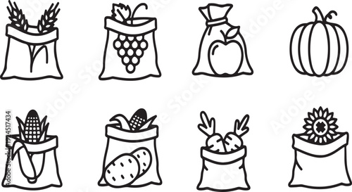Diverse assortment of vegetables and fruits in bags and pumpkin illustration Vector