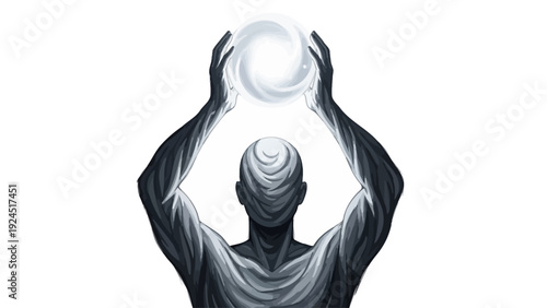 Mysterious figure holding a glowing energy orb, symbolizing creative power.