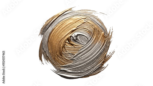 Abstract gold and silver paint swirl on white background.