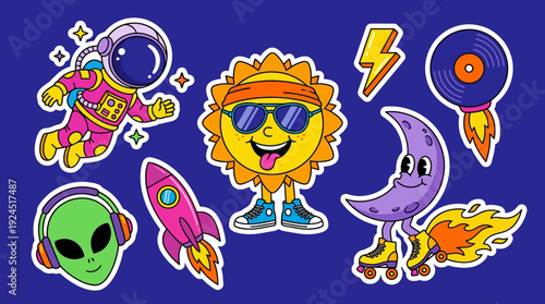 Groovy Retro Space & Pop Culture Sticker Pack: Astronaut, Sun, Moon, Alien, Rocket, Vinyl Record, Lightning Bolt. Vibrant 90s Cartoon Style.