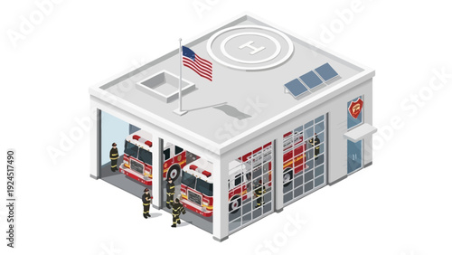 Isometric fire station with trucks and firefighters
