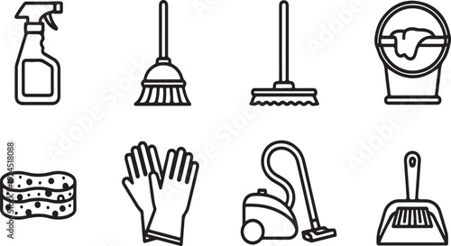A collection of cleaning tools and supplies for household maintenance. Vector