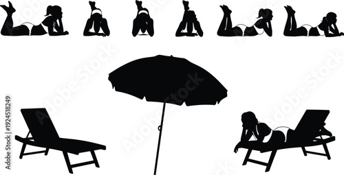 Beach relaxation silhouettes vector set showing woman sunbathing poses, bikini leisure icons with umbrella and lounge chair, summer vacation lifestyle design