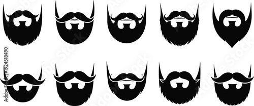 Beard and mustache silhouettes set, black vector facial hair collection, vintage barbershop logo elements, hipster man style, retro fashion illustration, isolated graphic.