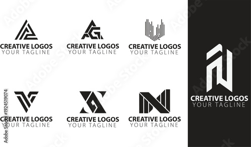 Set of modern geometric monogram logos featuring abstract letter marks in a clean minimal style. Professional vector logo collection suitable for branding, startups, tech companies, corporate identity
