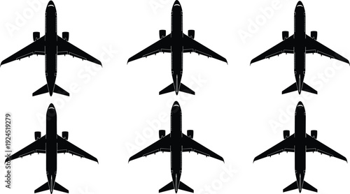 Black and white airplane top view silhouette set featuring commercial passenger jets, aviation vector illustrations for air travel, airline industry, transportation design and aerospace graphics