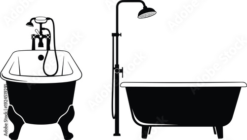 Black and white bathtub silhouette illustration featuring classic clawfoot tub and modern shower bath fixtures, minimal vector design for bathroom interior, plumbing, renovation