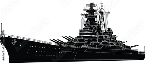 Black and white battleship silhouette illustration featuring detailed naval warship with heavy guns and radar tower, historic military vessel vector design for defense and maritime themes