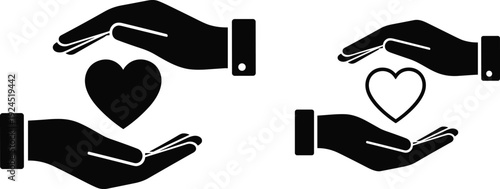 Black and white caring hands holding heart icons, symbolic love support and protection concept, minimalist vector illustration for charity healthcare compassion and social responsibility themes