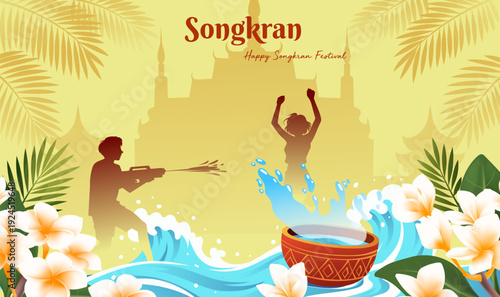 Songkran Celebration Banner Silhouette Happy People Thai Temple Tropical Plants