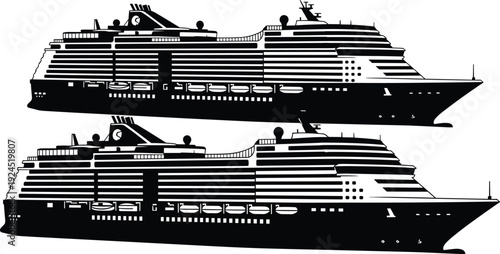 Black and white cruise ship silhouette illustration featuring luxury ocean liner with multiple decks, modern vector design for travel, tourism, maritime transport and vacation themes