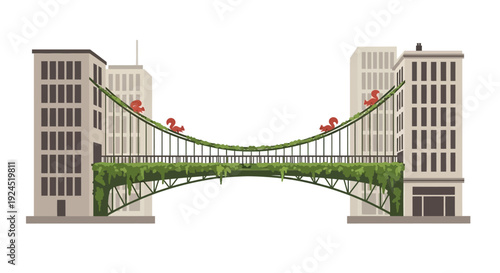 Vector illustration of a modern green bridge with red flowers connecting two city buildings in an urban landscape with a focus on wildlife coexistence and conservation.