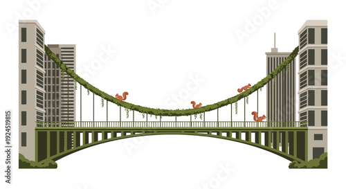 Illustration of a green suspension bridge with deer in an urban setting, surrounded by modern buildings and a white background, conveying urban wildlife coexistence.