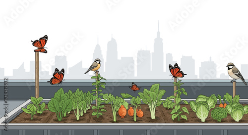 Vector illustration of a rooftop garden with various plants, butterflies, and birds set against a modern city skyline, highlighting urban wildlife coexistence on World Wildlife Day.
