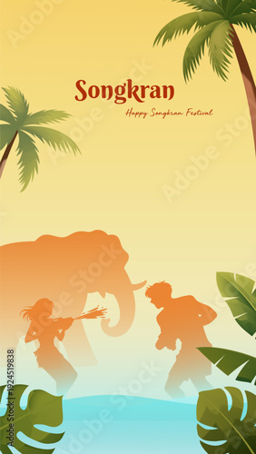Songkran Festival Poster Thailand Silhouette Happy People Thai Architecture Tropical Plants