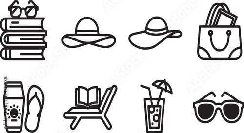 Assorted icons depicting various summer vacation items and activities Vector