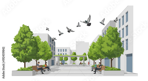 Vector illustration of urban wildlife coexistence with birds flying over a modern city street lined with trees and buildings, promoting eco-friendly conservation.
