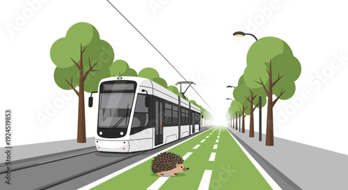 Illustration of urban wildlife coexistence concept with a hedgehog crossing a modern city street with a tram and green lane, promoting eco-friendly transportation and conservation.
