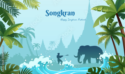 Songkran Water Festival Thailand Banner Silhouette People Tropical Plants Architecture