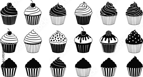 Black and white cupcake icon set with assorted frosting styles, cherry and sprinkles, vector silhouettes for bakery branding, menus, packaging, logos, and dessert illustrations