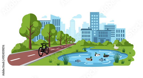 Vector illustration of urban wildlife coexistence with animals in a modern city, featuring a pond with ducks, a bicycle path, and skyscrapers in the background, promoting eco conservation