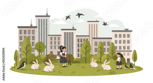 Illustration of urban wildlife coexistence concept with rabbits and birds in a modern city park with buildings and trees.