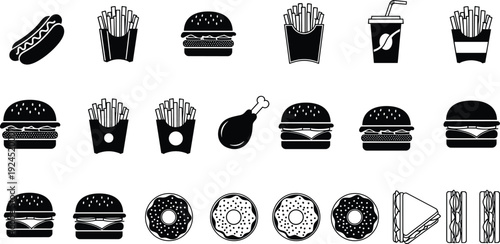 Black and white fast food icon set featuring burgers fries donuts hot dogs drinks, minimal vector silhouettes for restaurant menu branding marketing