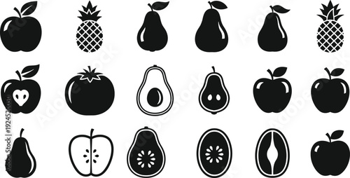 Black and white fruit icon set featuring apples pears pineapple avocado and tomato, minimal vector silhouettes for healthy food design, menu graphics and branding use