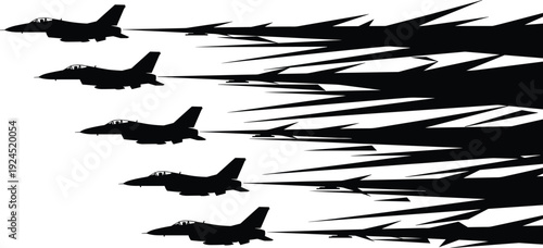 Black and white fighter jet silhouette illustration showing high speed military aircraft formation with dynamic motion trails, modern air combat aviation vector design