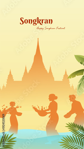Thailand Songkran Water Festival Poster Silhouette People Traditional Architecture Plants