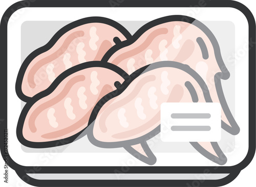 スーパーのパックに入った、生の手羽先のアイコン（線画カラー）のイラスト