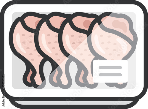 スーパーのパックに入った、生の手羽元のアイコン（線画カラー）のイラスト