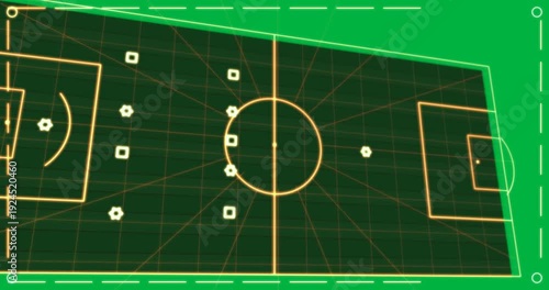 Neon pitch transparent canvas fading in, dots grouping and orange path curving right to show attack