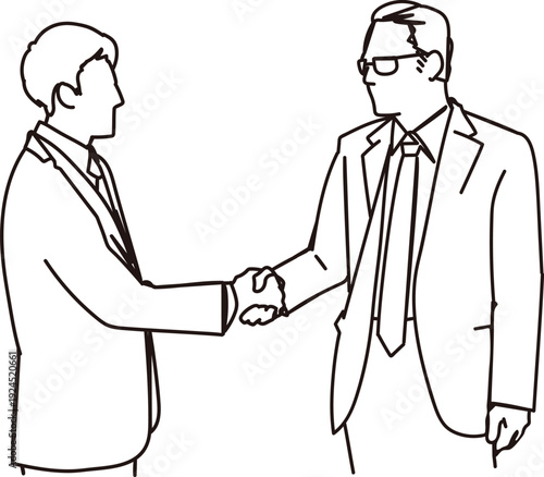 握手をする男性サラリーマンの外交イメージの線画イラスト