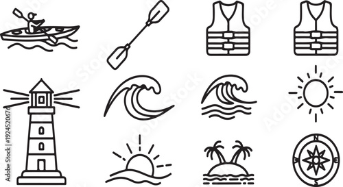 Illustrations of water sports, beach activities, and related symbols. Vector