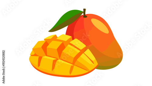 ​Fresh ripe mango fruit with leaf and sliced cubes isolated on white background