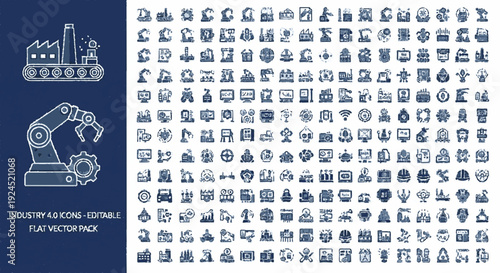 Collection of industrial icons including factory robotic arm and various symbols on dark blue and white background representing technology