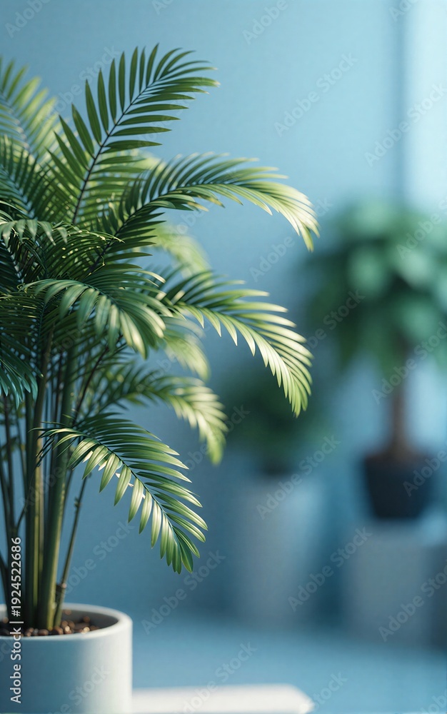 Obraz premium Palm plants in pots, soft light, blurred background. Greenery indoors, serene atmosphere.