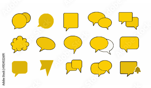 Yellow Speech Bubble Icon Set with Flat Comment Boxes and Chat Dialogue Cartoon Symbols on White Background