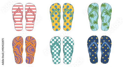 A vibrant collection of colorful flip-flops, perfect for summer and beach outings, showcasing diverse patterns and styles for casual wear