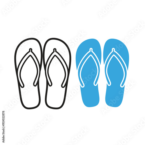 Outline and filled illustration of a pair of flip-flops, a casual footwear for beach and summer wear
