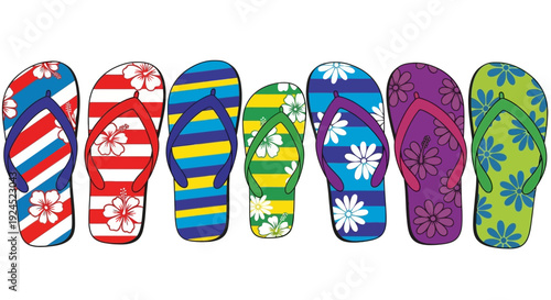 A vibrant collection of colorful striped flip-flops adorned with floral patterns, perfect for summer beach vacations and casual wear
