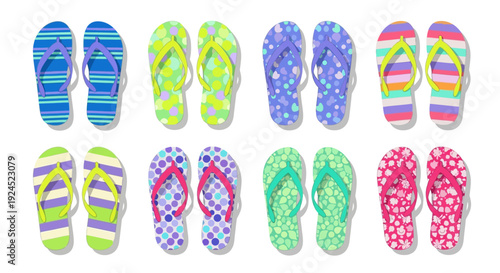 A vibrant collection of colorful flip-flops arranged in two rows, showcasing various patterns and designs perfect for summer fun and beach outings