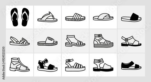 Collection of various sandal styles, including flip-flops, slides, and strapped footwear, illustrated in a minimalist line art design