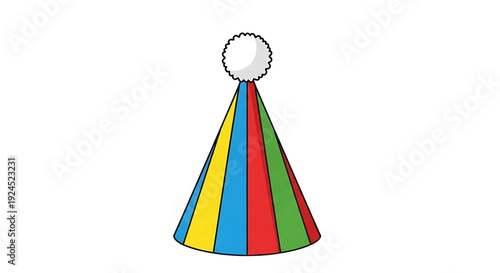 Vibrant striped conical party hat with a fluffy white pom-pom, a cheerful and colorful illustration perfect for birthdays, celebrations, and festive occasions