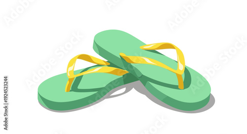 A pair of light green flip-flops with yellow straps resting on a white background, perfect for summer beach days